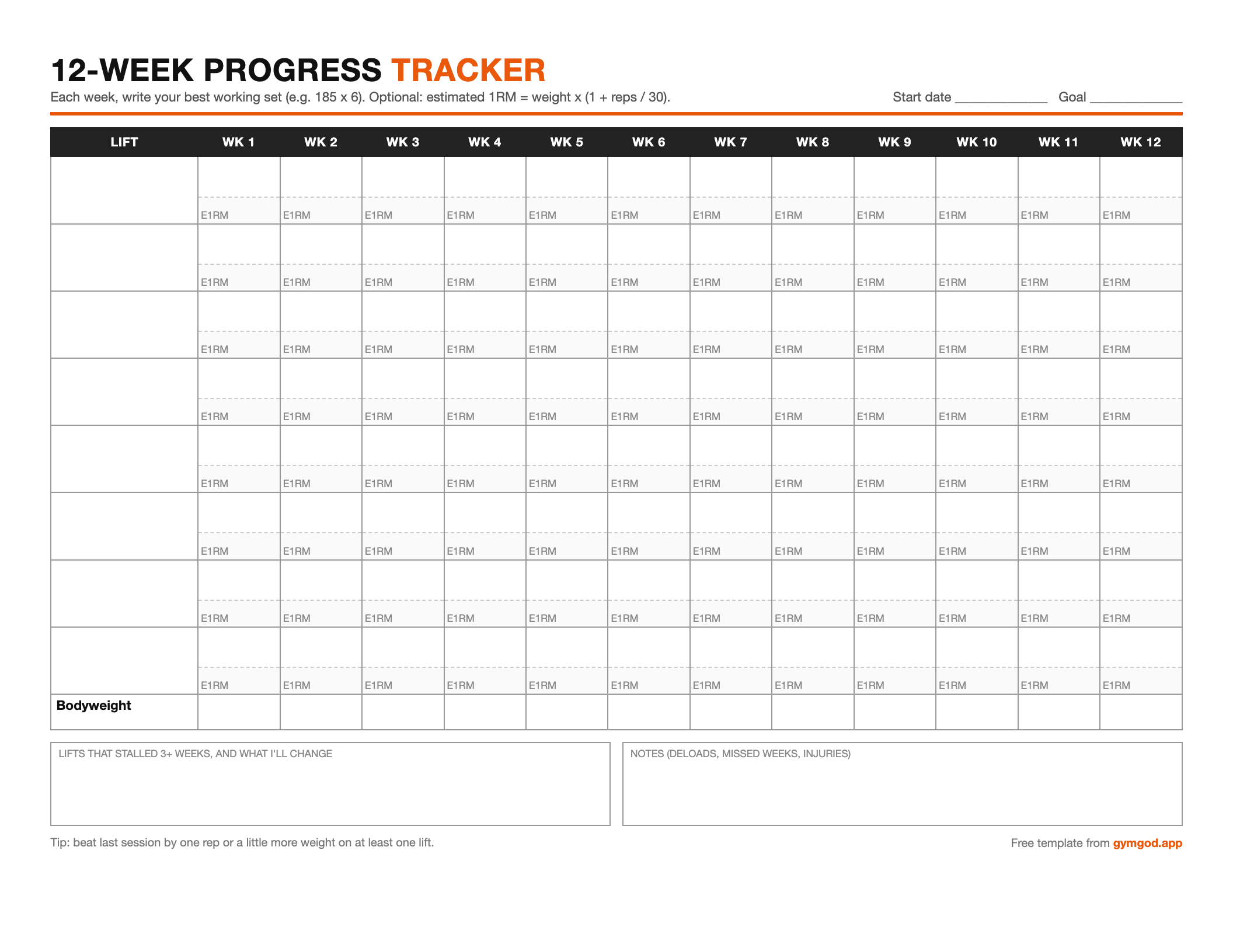 Printable 12-week progress tracker preview