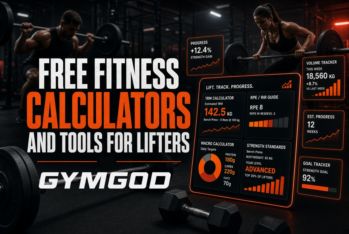 Eight free calculators for lifters, plus an exercise library, printable logs and more. No ads, no sign-up.
