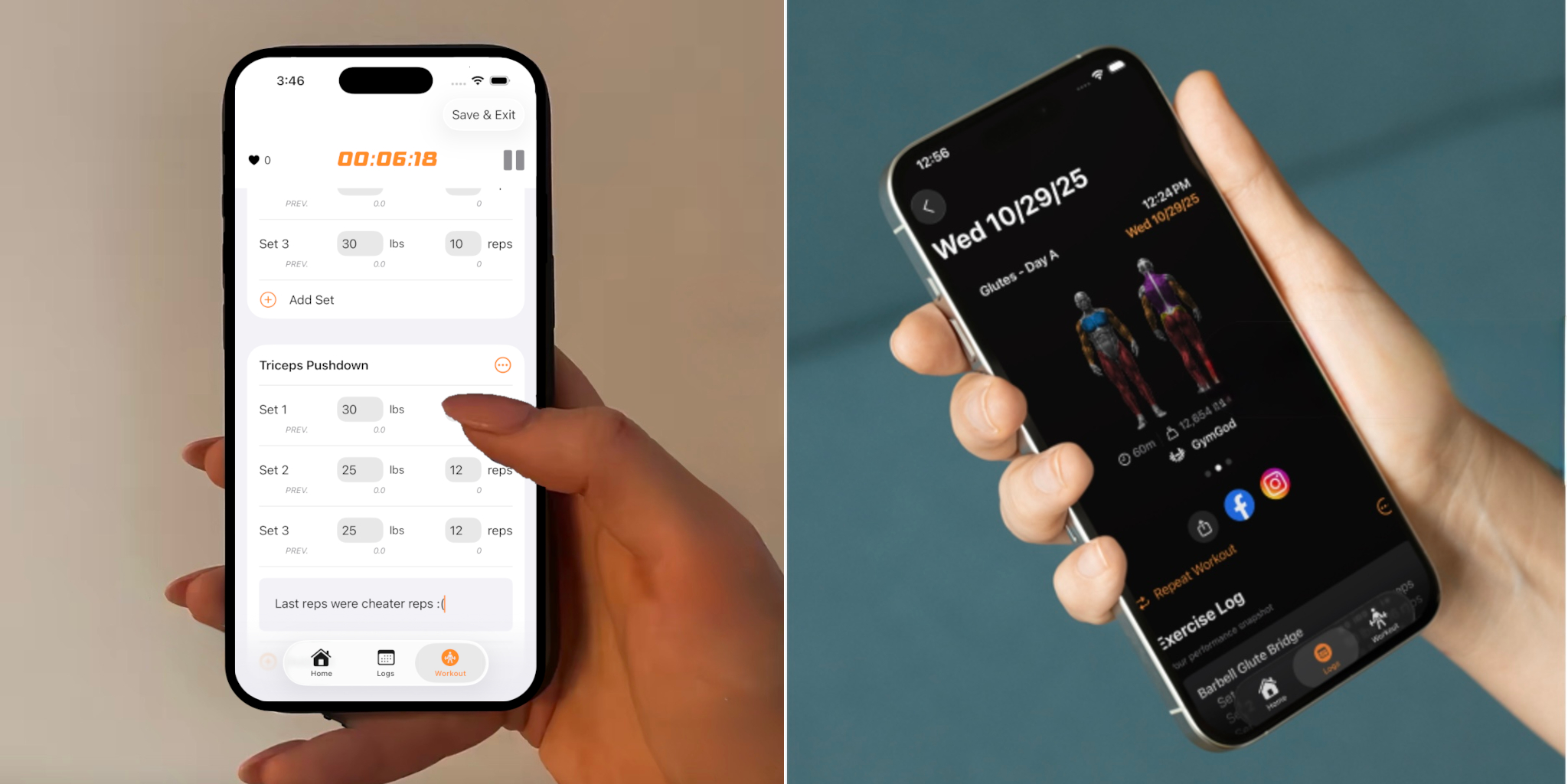 A user viewing their workout statistics and logged sets and reps within a mobile fitness tracking app.