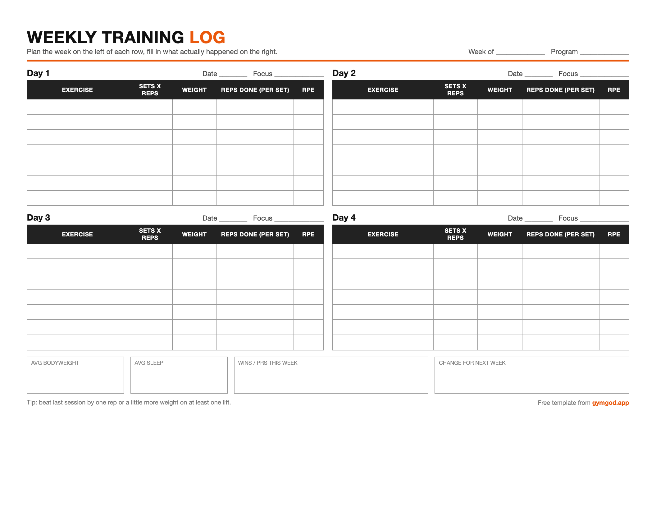 Printable weekly training log preview