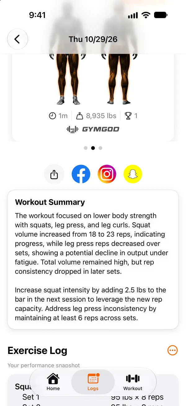 GymGod AI workout recap after a session